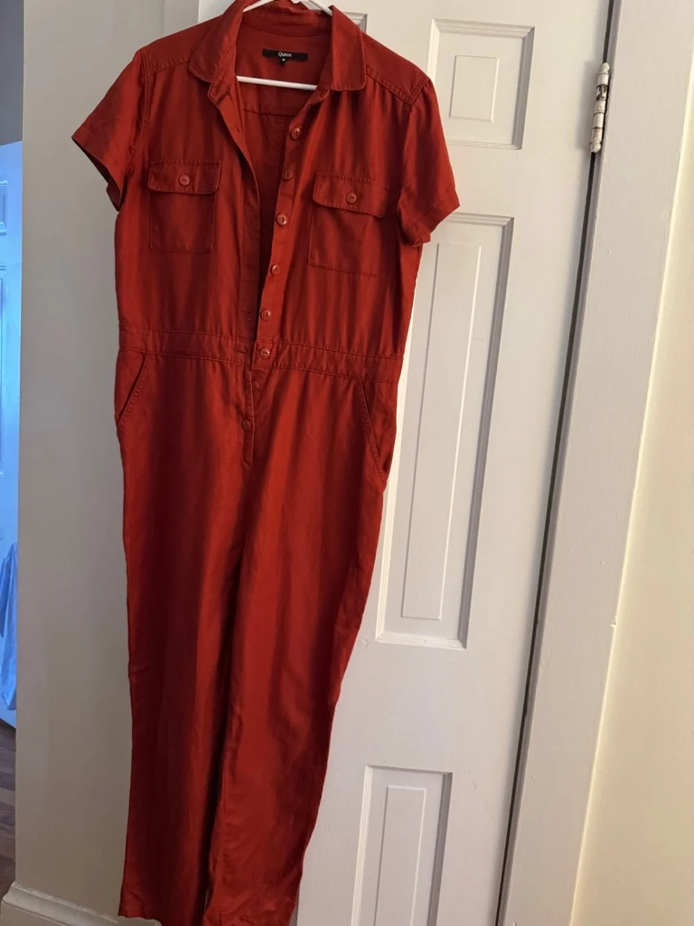 QUINCE Rust Red Cotton Linen Twill Short Sleeve Coverall Jumpsuit Medium